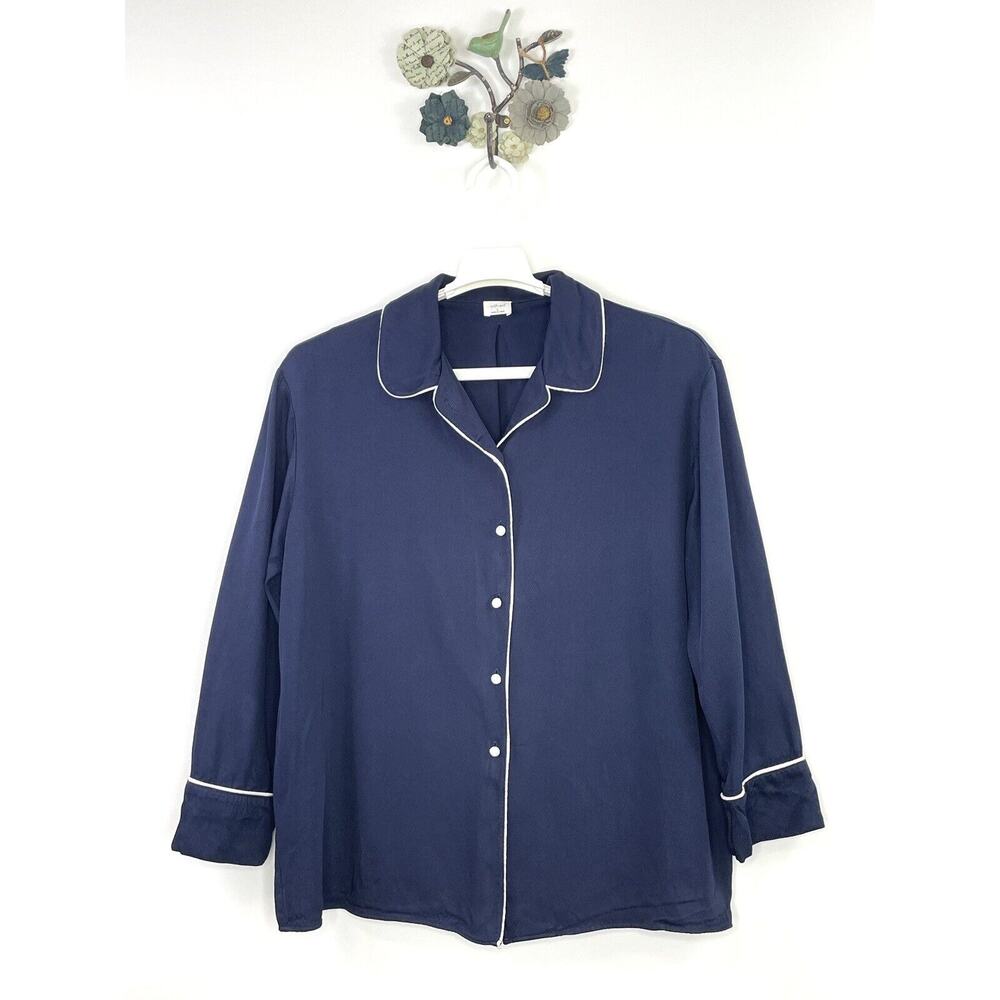 Aritzia Wilfred Satin Top Blouse Blue White Trim Button Front Murol Pajama Small